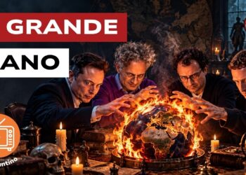 Elon Musk, Alex Karp, Dario Amodei e Mark Zuckerberg davanti a un mappamondo in fiamme in un contesto esoterico
