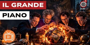 Elon Musk, Alex Karp, Dario Amodei e Mark Zuckerberg davanti a un mappamondo in fiamme in un contesto esoterico