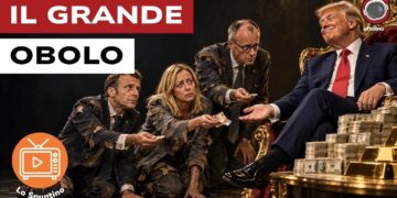 Emmanuel Macron, Giorgia Meloni e Friedrich Merz vestiti da straccioni mendicano davanti a Donald Trump sul trono