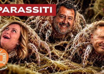 Parassiti con i volti di Giorgia Meloni, Matteo Salvini e Francesco Lollobrigida