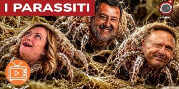 Parassiti con i volti di Giorgia Meloni, Matteo Salvini e Francesco Lollobrigida
