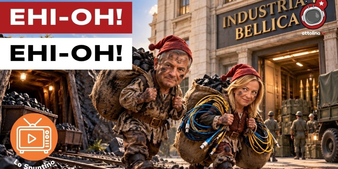 Scenario di industria bellica. Adolfo Urso e Giorgia Meloni vestiti da operai che trasportano carbone e cavi