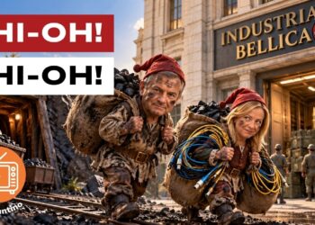 Scenario di industria bellica. Adolfo Urso e Giorgia Meloni vestiti da operai che trasportano carbone e cavi