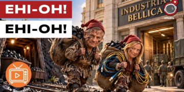 Scenario di industria bellica. Adolfo Urso e Giorgia Meloni vestiti da operai che trasportano carbone e cavi