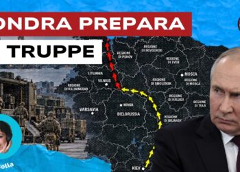 Soldati con mezzi militari, mappa delle regioni della guerra fra Russia e Ucraina e Vladimir Putin in primo piano
