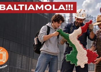 Uno studente, un operaio e un agricoltore ribaltano una sagoma dell'Italia