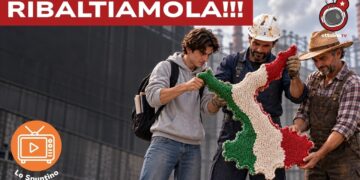 Uno studente, un operaio e un agricoltore ribaltano una sagoma dell'Italia