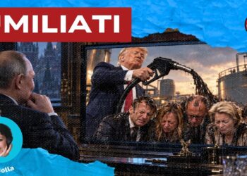 Vladimir Putin divertito davanti a uno schermo televisivo con l'immagine di Donald Trump che annaffia con una pompa da benzina le teste di Emmanuel Macron, Giorgia Meloni, Friedrich Merz, Ursula von der Leyen e Volodymyr Zelensky.jpg