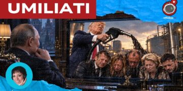 Vladimir Putin divertito davanti a uno schermo televisivo con l'immagine di Donald Trump che annaffia con una pompa da benzina le teste di Emmanuel Macron, Giorgia Meloni, Friedrich Merz, Ursula von der Leyen e Volodymyr Zelensky.jpg